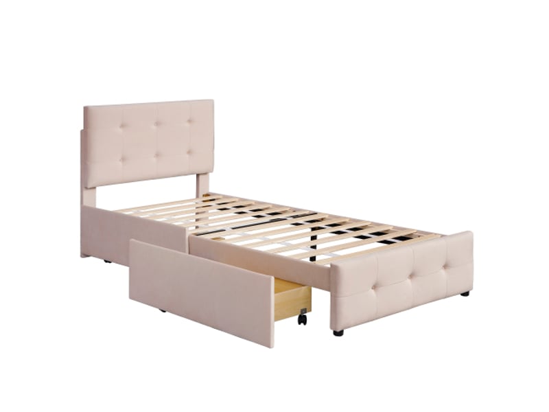  Lit enfant 90x200 cm, avec tiroir, avec tête de lit et lattes, en tissu, beige, sans matelas  - Conforama A