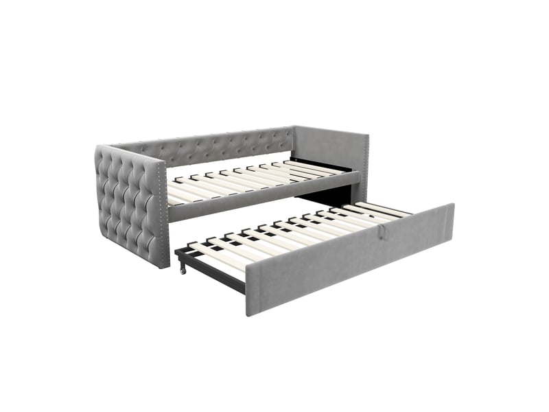Lit gigogne enfant 90x200 cm avec sommier - lit simple forme classique avec boutons - velours - gris clair (sans matelas)  - Conforama D