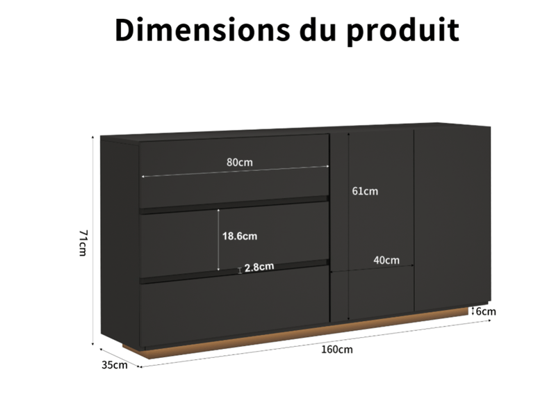  Buffet bas 2 portes 3 tiroirs - 160 x 35 x 76 cm-noir - enfilade design haute brillance avec éclairage led 7 couleurs et push-open  - Conforama B