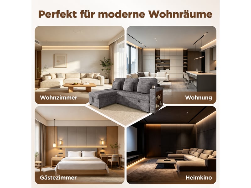  Canapé convertible 3 places avec récamière, couchage extensible, rangement, porte-gobelet, chenille gris  - Conforama E