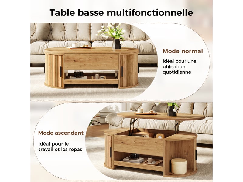 Table basse avec fonction de levage, table de salon avec espace de rangement dissimulé, console moderne avec structure rainurée, portes latérales coulissantes et espace de rangement pratique, table basse multifonctionnelle - Conforama D