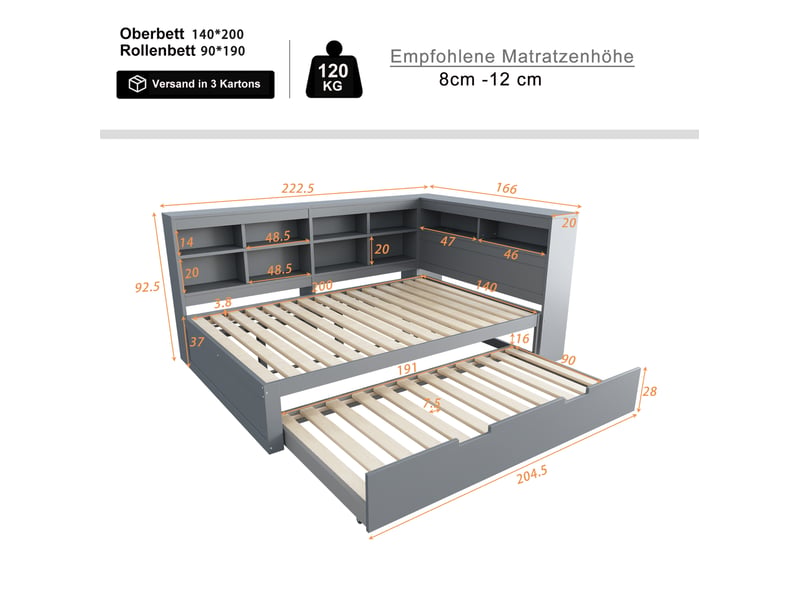  Lit gigogne 140x200 cm avec lit 90x190 cm, prise usb et rangements, gris  - Conforama C