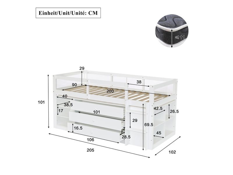  Lit enfant semi-haut 90x200 cm avec rangements et tiroirs, coloris blanc  - Conforama C