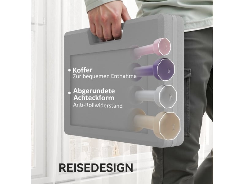  Set de 4 paires d'haltères hexagonales de 0,5 à 2 kg multicolores, avec mallette de rangement  - Conforama E