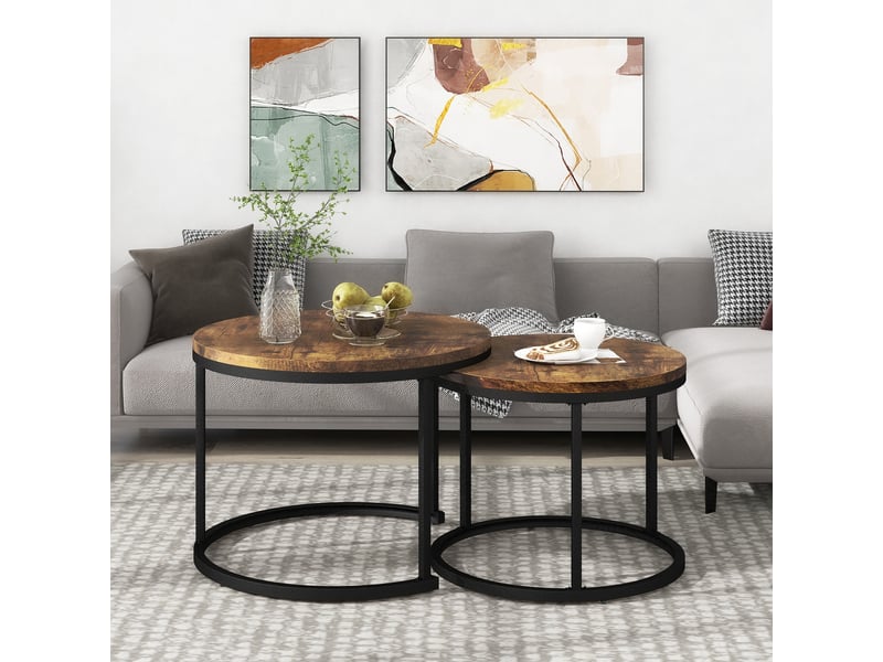  Lot de 2 tables basses rondes gigognes aspect bois marron - structure métal 70,5 cm  - Conforama D