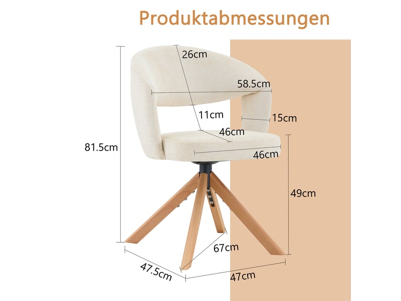  Lot de 2 chaises de salle à manger pivotantes,47x47,5x81,5 cm,tissu,crème  - Conforama C