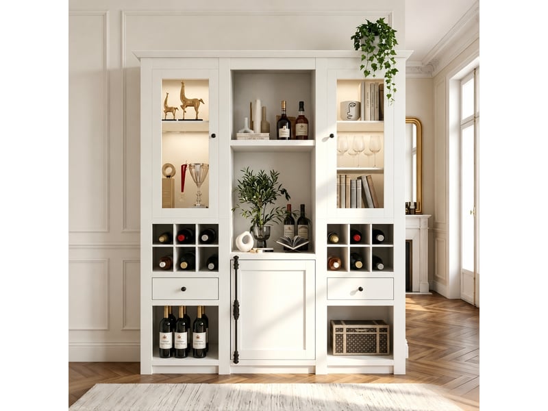  Vitrine led blanche pour salon, 16 couleurs, rangements et casier à vin, 143 x 45,5 x 170 cm  - Conforama B
