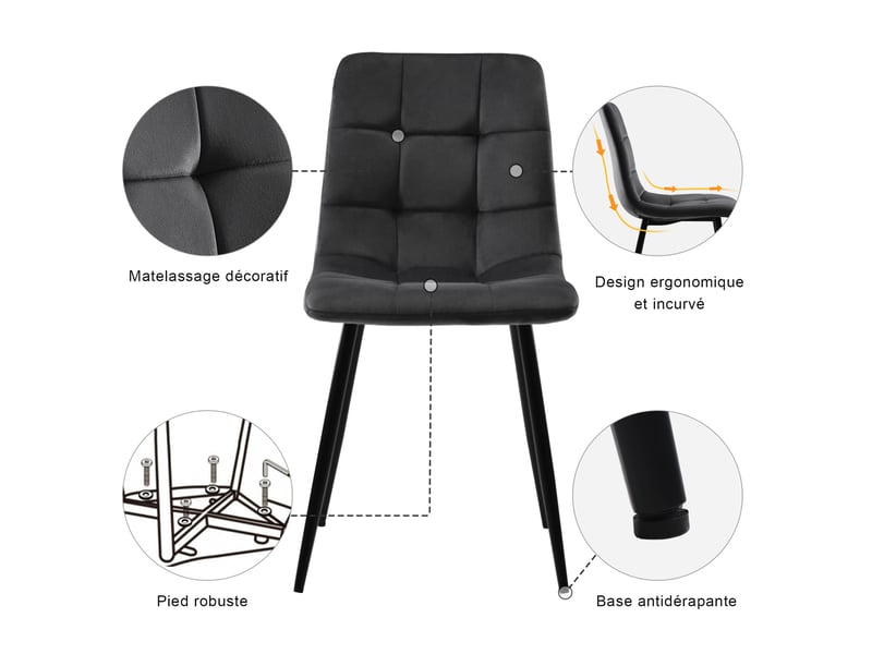  Lot de 4 chaise de salle à manger , chaise scandinave avec assise et dossier rembourrés en velours ,pieds en métal ,noir  - Conforama R