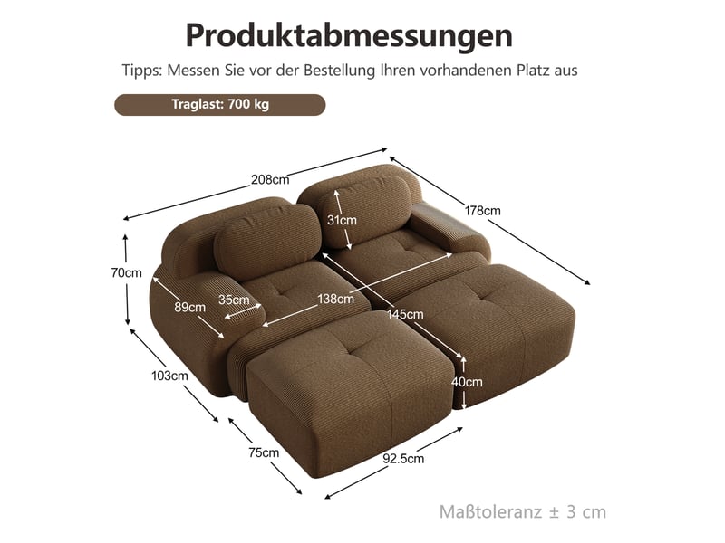  Canapé d’angle modulaire modenvie 2 places sans cadre en velours côtelé marron 208 x 178 cm  - Conforama C