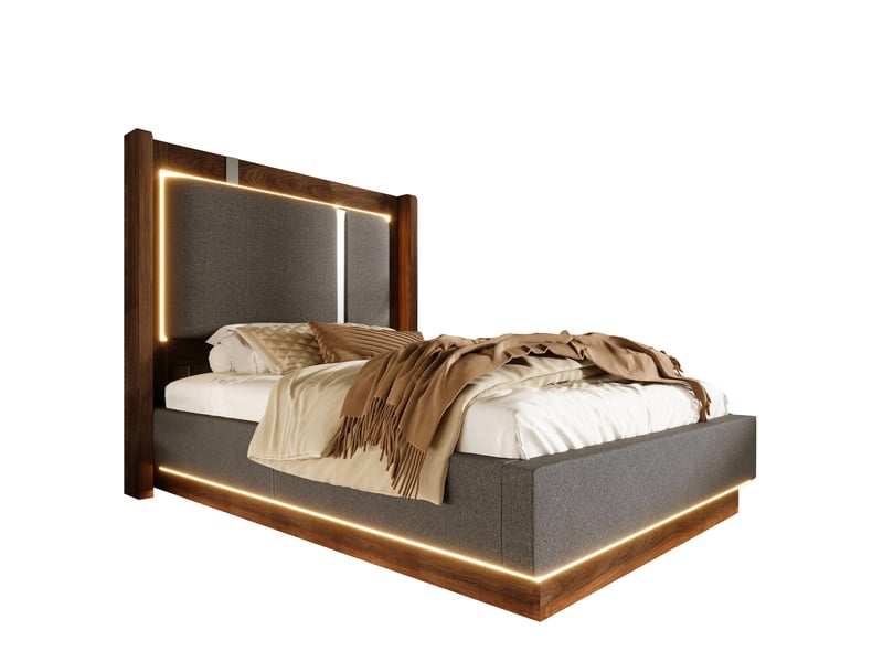  Lit coffre, lit simple en lin gris et bois noyer avec led et rangement hydraulique, 200×90 cm, sans matelas  - Conforama A