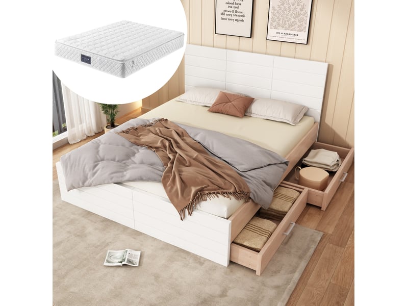  Lit double 160x200 cm en bois blanc et bois clair, 2 tiroirs, sommier inclus pour chambre moderne  - Conforama B