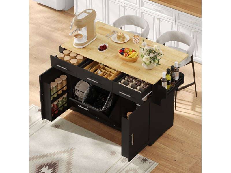 Îlot de cuisine mobile 136 x 75 x 92 cm, plateau rabattable, noir et naturel - Conforama B