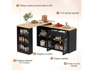 Îlot de cuisine avec plateau pivotant à 360° 136 x 50 x 78 cm, tiroir, étagères, portes vitrées et rangement, noir