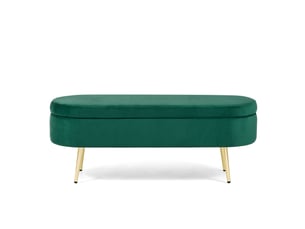 Banc coffre de rangement 110x40x42 cm en velours avec pieds en métal – bout de lit capitonné ovale avec coffre 20l à vérin hydraulique – banc d'entrée et salon – vert foncé
