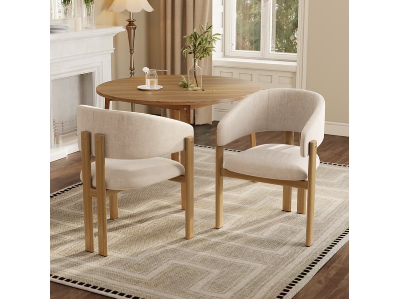  Lot de 6 chaises de salle à manger en lin beige avec accoudoirs, structure métal effet bois naturel, dossier rembourré, charge 150 kg  - Conforama C