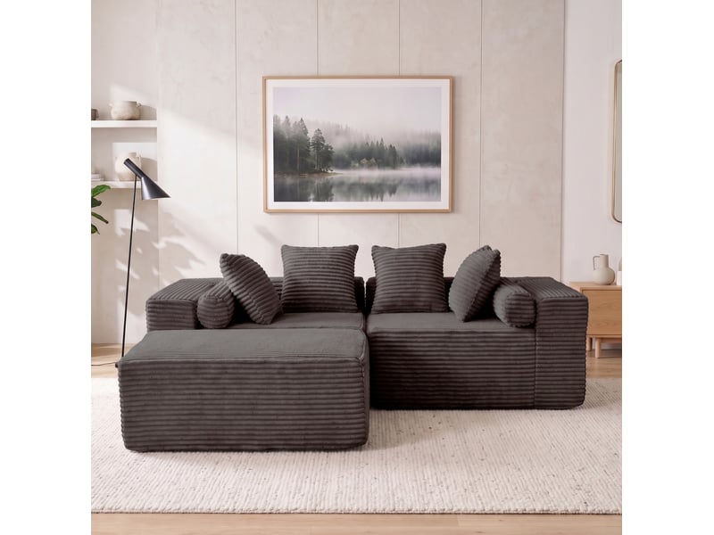  Canapé modulable d'angle 3 places compressé 266x110x60 cm en mousse douce et velours côtelé couleur noir  - Conforama D