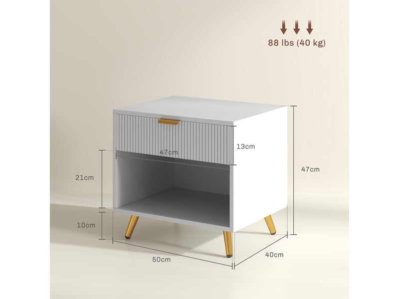  Table de chevet moderne avec tiroir et compartiment ouvert pour chambre ou salon, 50 x 40 x 47 cm, blanche  - Conforama E