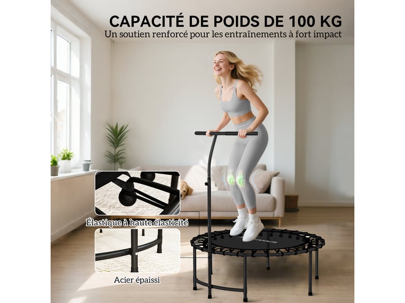 Trampoline de fitness avec cordes élastiques, poignée réglable 5 positions, capacité 100 kg, acier, ø102x132cm, noir - Conforama E