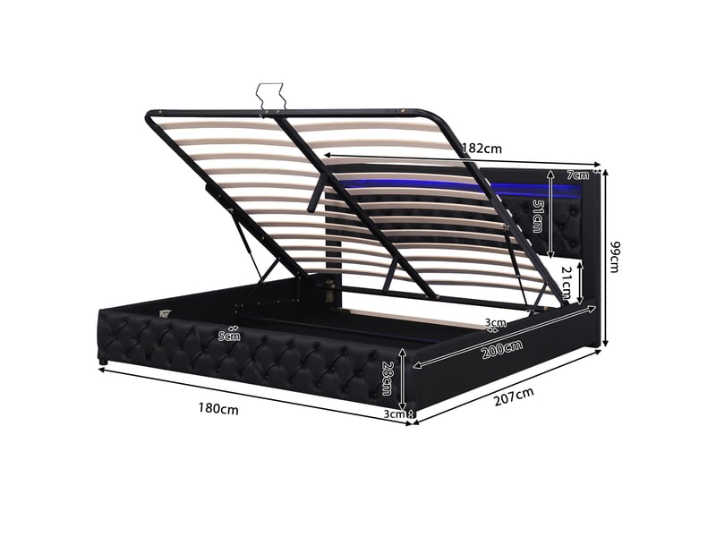  Lit coffre moderne 180x200 cm avec tissu en fond et led, sommier à lattes et rangement, pu noir, sans matelas  - Conforama C