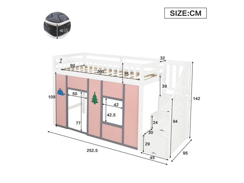  Lit mezzanine 90x200 cm blanc rose avec escalier rangement led espace jeu barrière sécurité motifs  - Conforama C