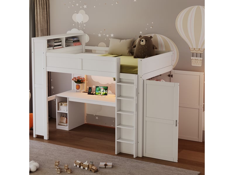  Lit mezzanine simple 90×200 cm bureau, armoire, usb et led en bois - okmyhome- blanc, sans matelas  - Conforama C