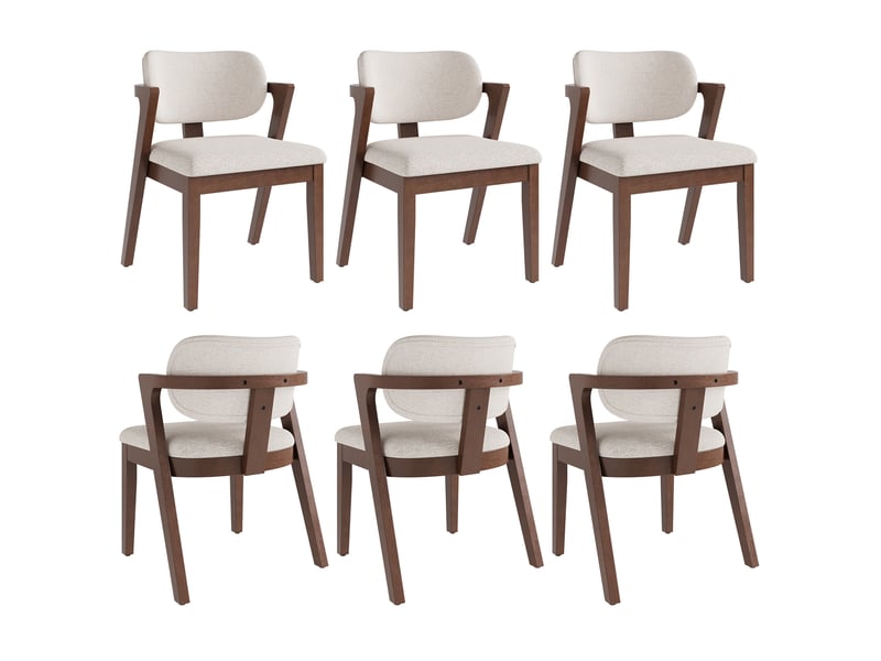  Lot de 6 chaises de salle à manger avec accoudoirs en lin beige avoine, coloris noyer 56x57,5x79 cm  - Conforama A