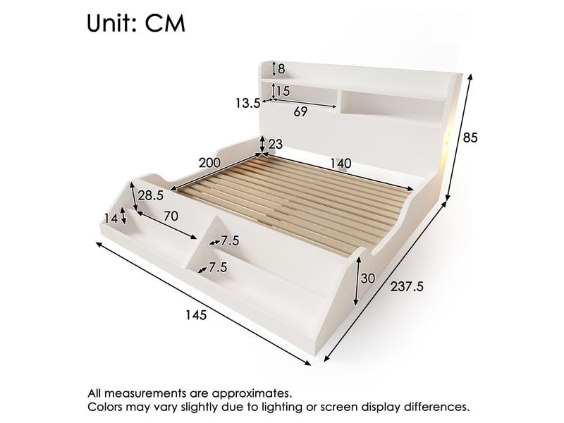  Lit enfant 140x200 cm en bois avec étagères, veilleuses magnétiques et bibliothèque amovible, lit adolescent avec sommier - blanc (sans matelas)  - Conforama E