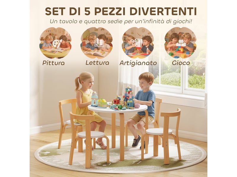  Ensemble table et chaises en bois 5 pièces pour enfants de 3 à 8 ans, blanc, bords arrondis  - Conforama E