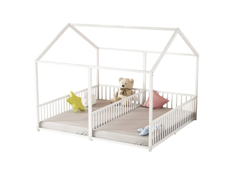  Lit cabane 90x200 cm, lit double avec garde-corps, cadre en fer, blanc, sans matelas  - Conforama A