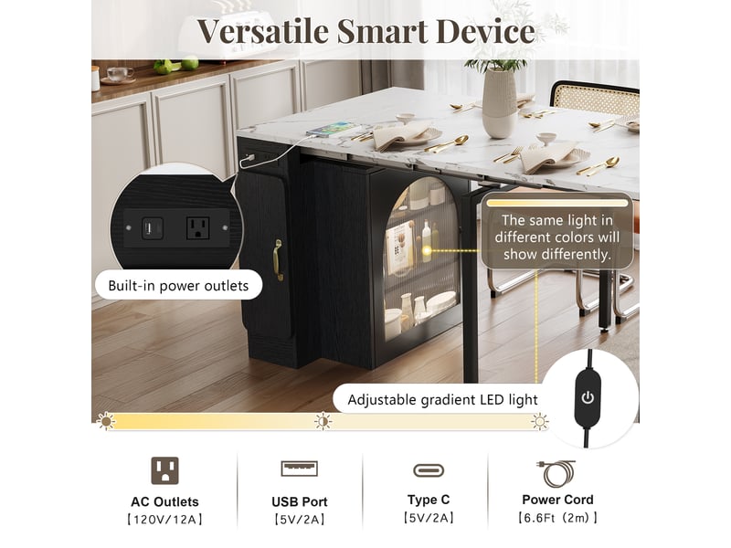  Îlot de cuisine, desserte extensible avec plateau amovible, led, prise et rangement, effet marbre, mdf et verre, noir et blanc  - Conforama R