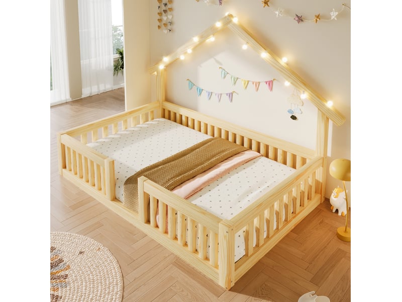  Lit maison enfant, 90x200 cm, lit maison, avec barrières de sécurité, lit au sol, guirlande led, bois, coloris naturel  - Conforama E