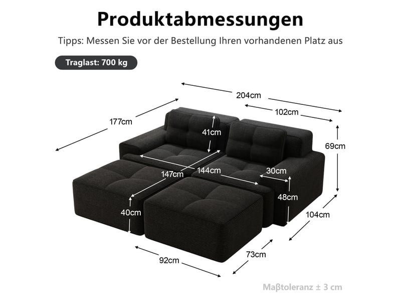 Canapé modulable 2 places en velours côtelé noir avec ottoman - Conforama E
