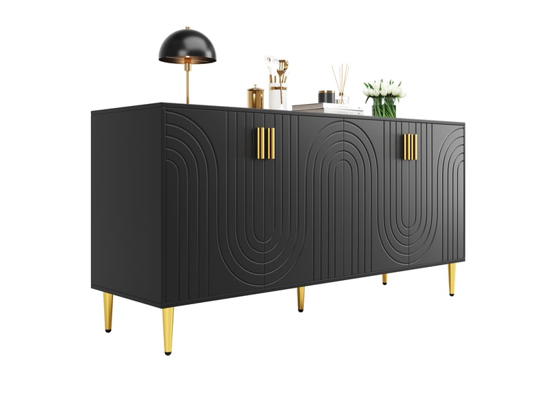  Buffet bas noir 152x40x75 cm en mdf à motif ondulé et détails dorés  - Conforama A