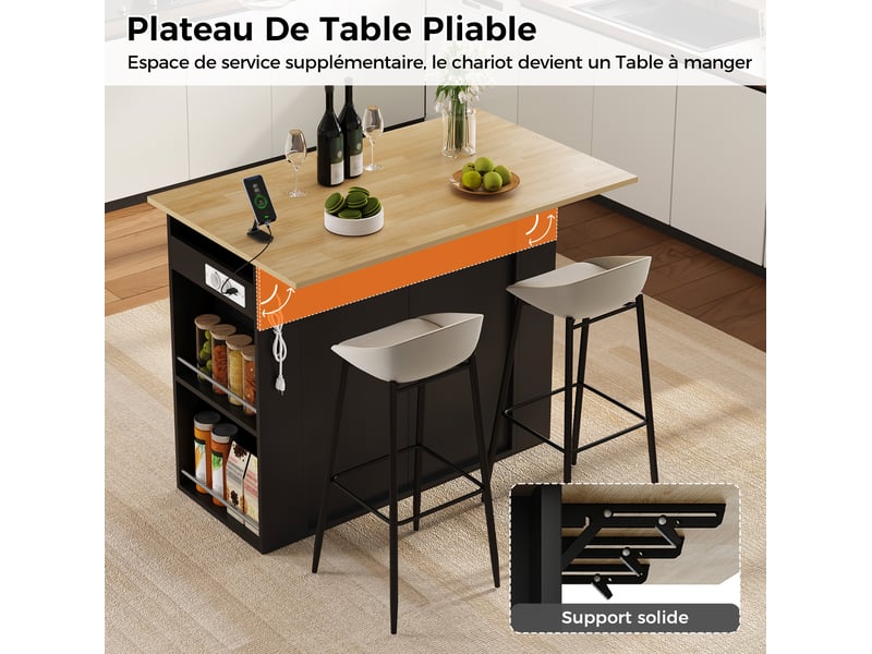  Desserte de cuisine avec 2 portes, 1 tiroir, étagères latérales et plan rabattable avec prises, 120 × 75 × 97 cm  - Conforama E