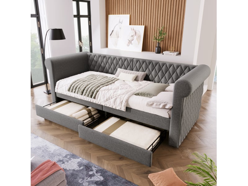  Lit banquette 90 x 200 cm gris en tissu linen, 2 tiroirs de rangement et sommier à lattes en bois  - Conforama B