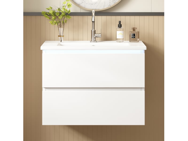  Meuble sous vasque suspendu avec lavabo intégré, 2 tiroirs et led à capteur, salle de bain, blanc, 61 × 46 × 45 cm  - Conforama C