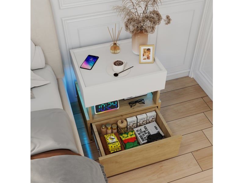 Table de chevet 2 tiroirs, charge sans fil et led réglable, style industriel, blanc et bois naturel 50 × 40 × 50 cm - Conforama D