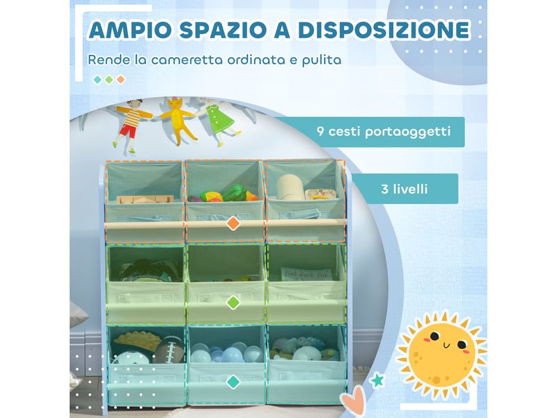  Armoire à jouets avec 9 paniers amovibles en mdf et tissu, 63 x 30 x 60 cm, bleue  - Conforama E