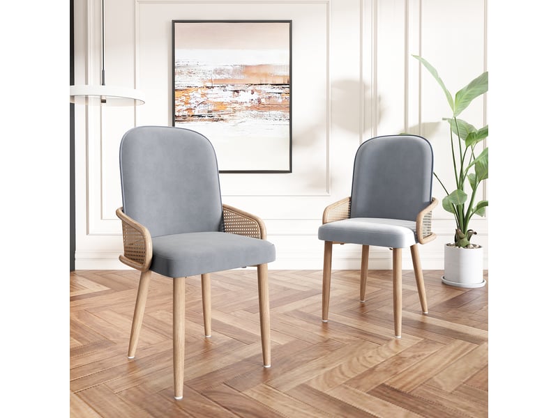  Chaises de salle à manger lot de 4 avec design rotin - lpospi - pieds métal effet bois, velours - gris  - Conforama C