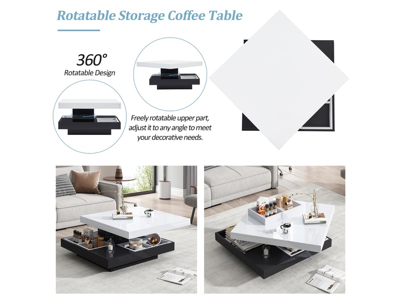  Table basse pivotante 360° avec rangement pour salon en panneaux de particules 70×70×36 cm blanc noir  - Conforama C