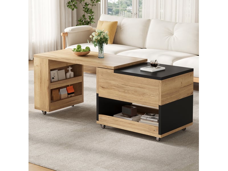  Table basse extensible 161.5x46x67 cm avec plateau relevable, bois d'ingénierie naturel et noir  - Conforama C