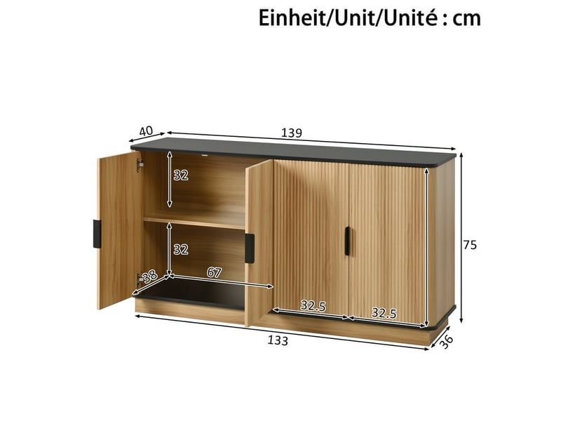  Buffet à 4 portes, rainures verticales, aspect bois, meuble pour le salon, l'entrée, la salle à manger, espace de rangement  - Conforama C