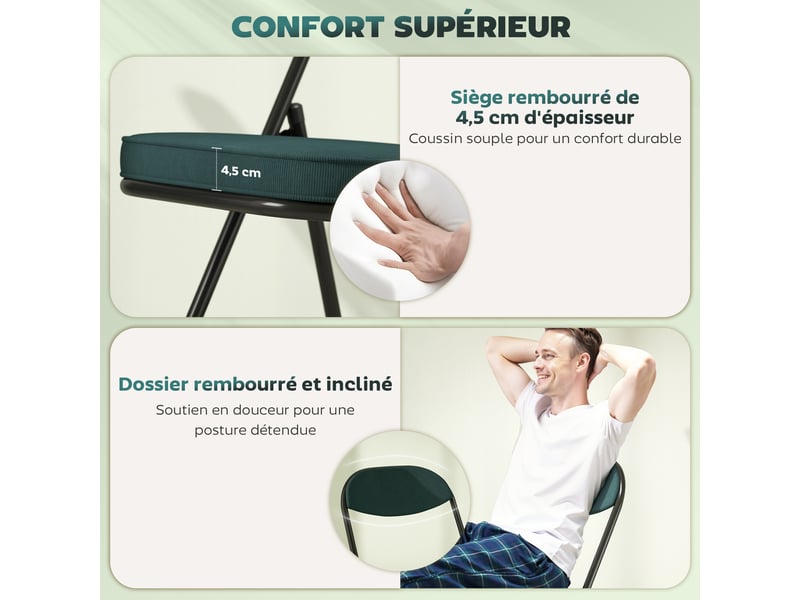 Lot de 4 chaises pliantes chaises de salle à manger portables avec assises et dossiers rembourrés en côtelé velours bleu  - Conforama D