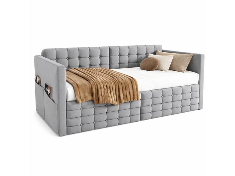  Lit banquette, 90x190 cm, pour chambre, avec 2 tiroirs, clair, matelas non inclus, mdf et métal et bois, coloris gris  - Conforama A