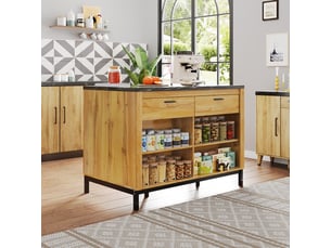 Îlot de cuisine 120cm avec 2 tiroirs et 4 étagères, table de bar style rustique en bois de chêne et marbre noir, meuble de rangement