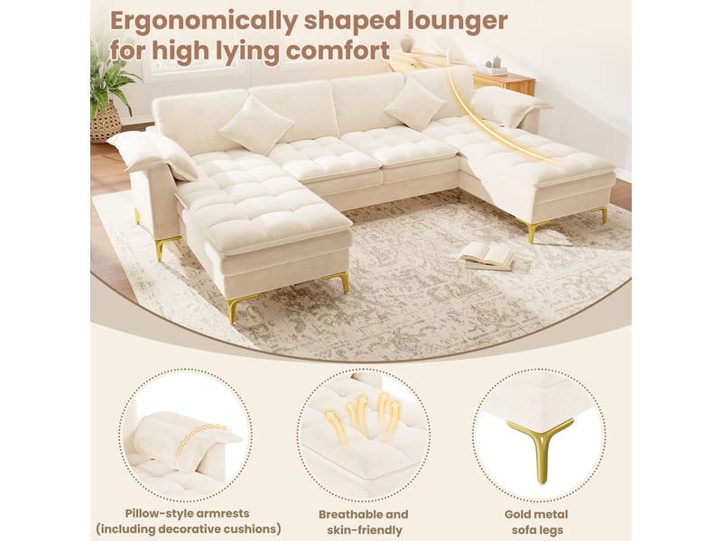  Canapé d’angle en u 4 places beige, chenille, 2 méridiennes, double rembourrage, 2 coussins, pieds métal dorés  - Conforama C
