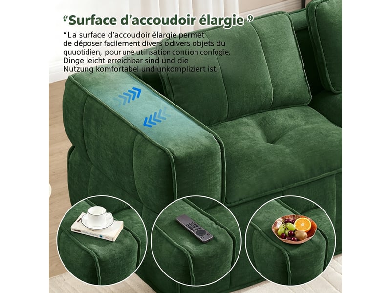  Grand canapé nuage 4 places, mousse 32d, tissu doux, antidérapant, sans montage, 344×93×67 cm, vert  - Conforama E