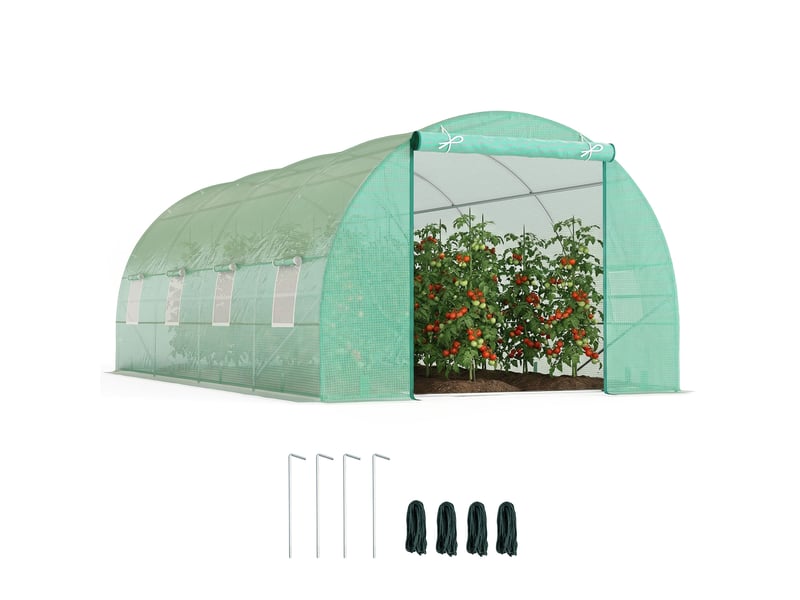  Serre tunnel avec porte enroulable et 8 fenêtres, serre de jardin avec couverture en pe et structure en acier, 6 x 3 x 2 m, verte  - Conforama A