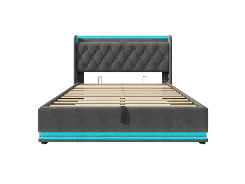  Lit coffre 140x200 cm gris avec led 360°, usb-c, télécommande et matelas inclus  - Conforama A
