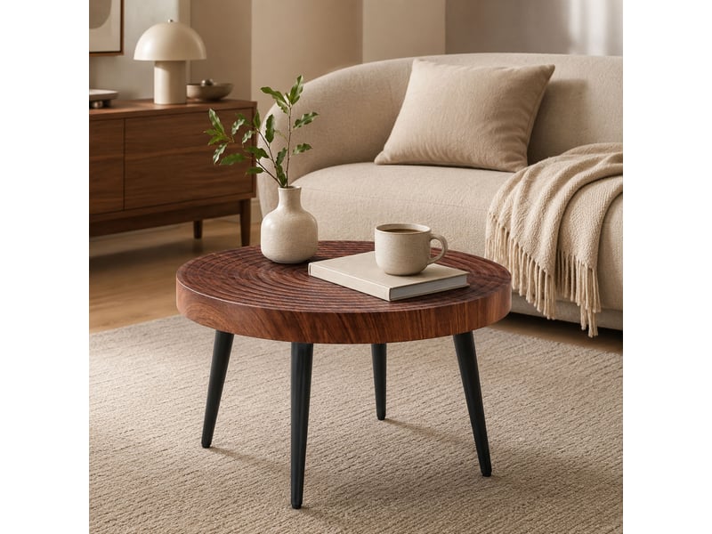  Table basse ronde noyer en 3d surface texturée avec pieds en métal pour petit espace  - Conforama C